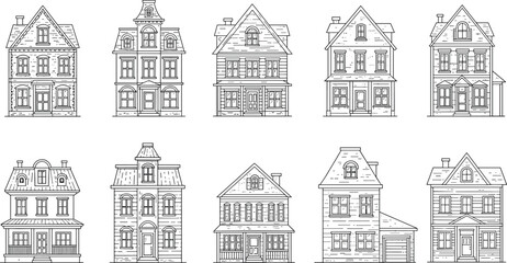 Set of vintage house line drawings, classic residential architecture illustrations, Victorian and colonial-style homes, hand-drawn building vector icons