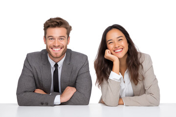 Smiling man in grey suit with arms crossed and woman in beige jacket resting chin on hand isolated on a transparent background