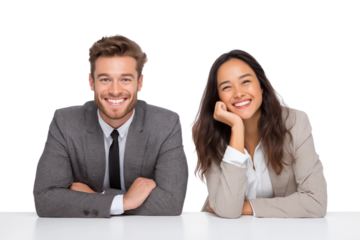 Smiling man in grey suit with arms crossed and woman in beige jacket resting chin on hand isolated on a transparent background