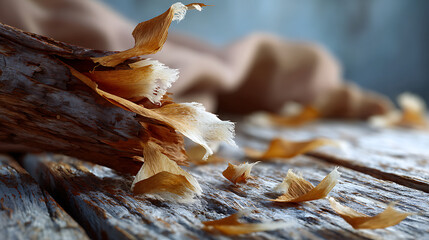 Weathered Wooden Surface with Peeling Fibers Close-Up Natural Texture Rustic Environment Detailed View Decorative Concept