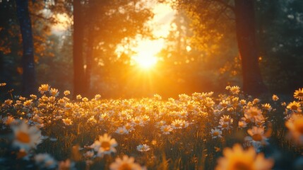 Sunset over a blooming meadow filled with daisies on a warm, summer evening