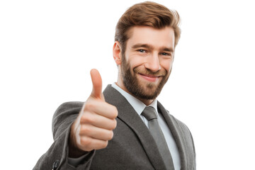 Smiling man with beard giving thumbs up in grey suit and tie isolated on a transparent background male
