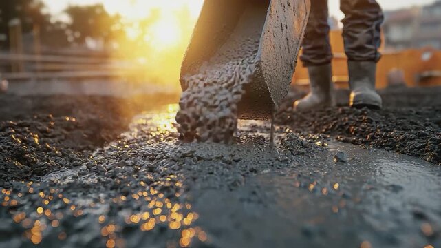 Concrete Pouring at Sunset: A construction worker meticulously pours fresh concrete at dusk, the warm golden light creating a powerful visual story of industry.