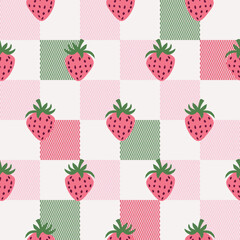Colorful plaid style with strawberries pattern. Geometric check tablecloth print in pink green color. Fun checkered repeat background for textile home design.