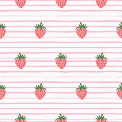 Seamless pattern with peach pink strawberries on a cream striped background. Vector graphics.