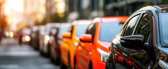 The vibrant line of vehicles parked on a bustling city street at sunset.