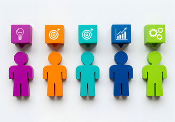 Colorful human figures with matching business icon blocks above them, symbolizing individual strengths, teamwork, and diverse skills for achieving goals and growth.