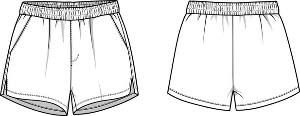 Technical flat sketch of athletic running shorts – front and back views with elastic waistband and pockets for fashion design © MSAYASHA