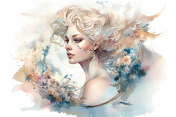 Fototapeta premium Watercolor illustration of a young woman with airy features, light hair and a gentle look. 