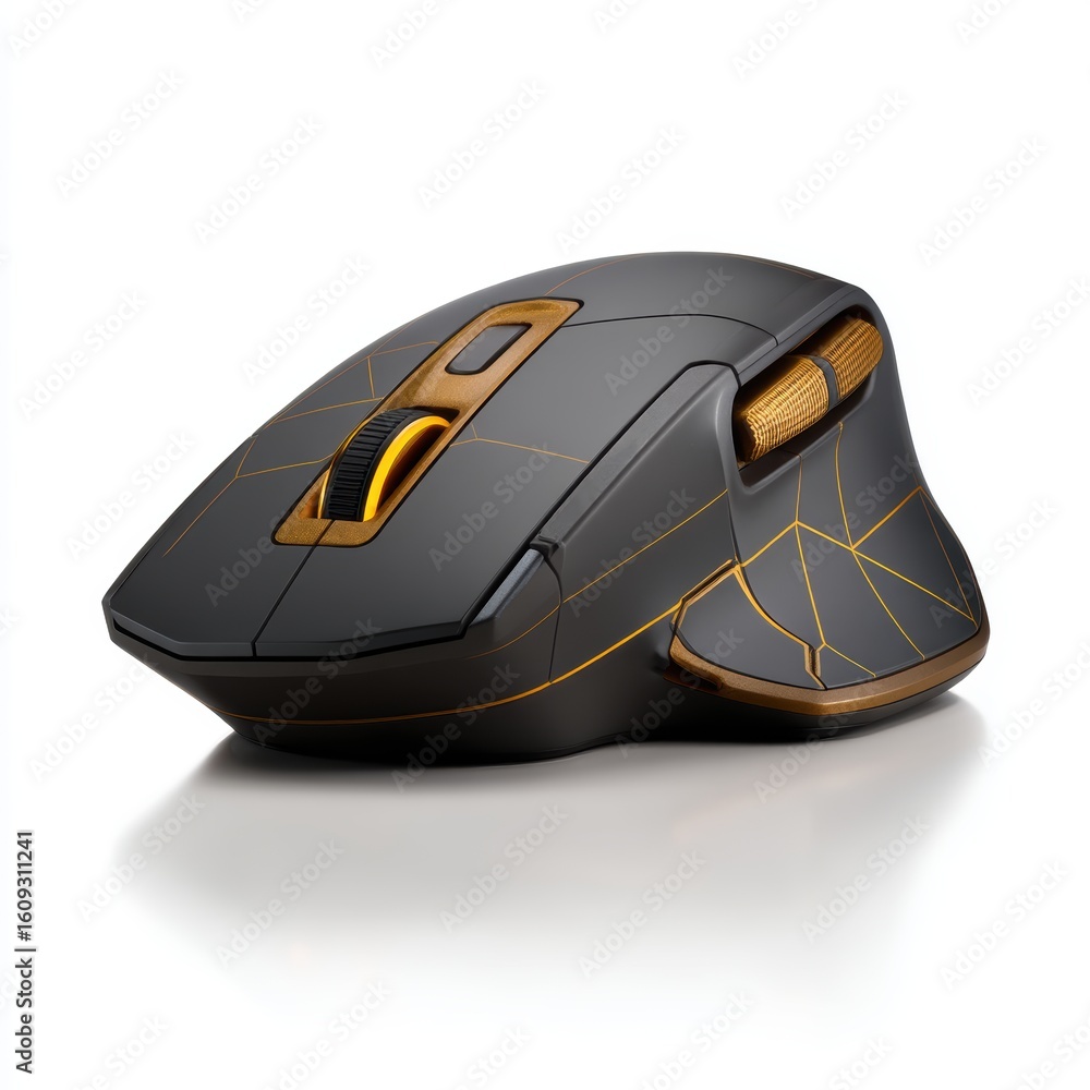 Fototapete a sleek black and gold wireless computer mouse with an ergonomic design and illuminated accents, ide