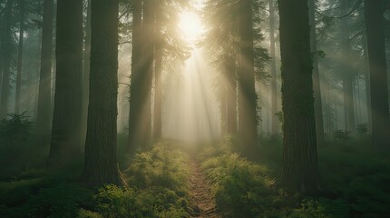 Fototapeta premium foggy forest at the golden hour of sunlight, centered composition with green trees full of life