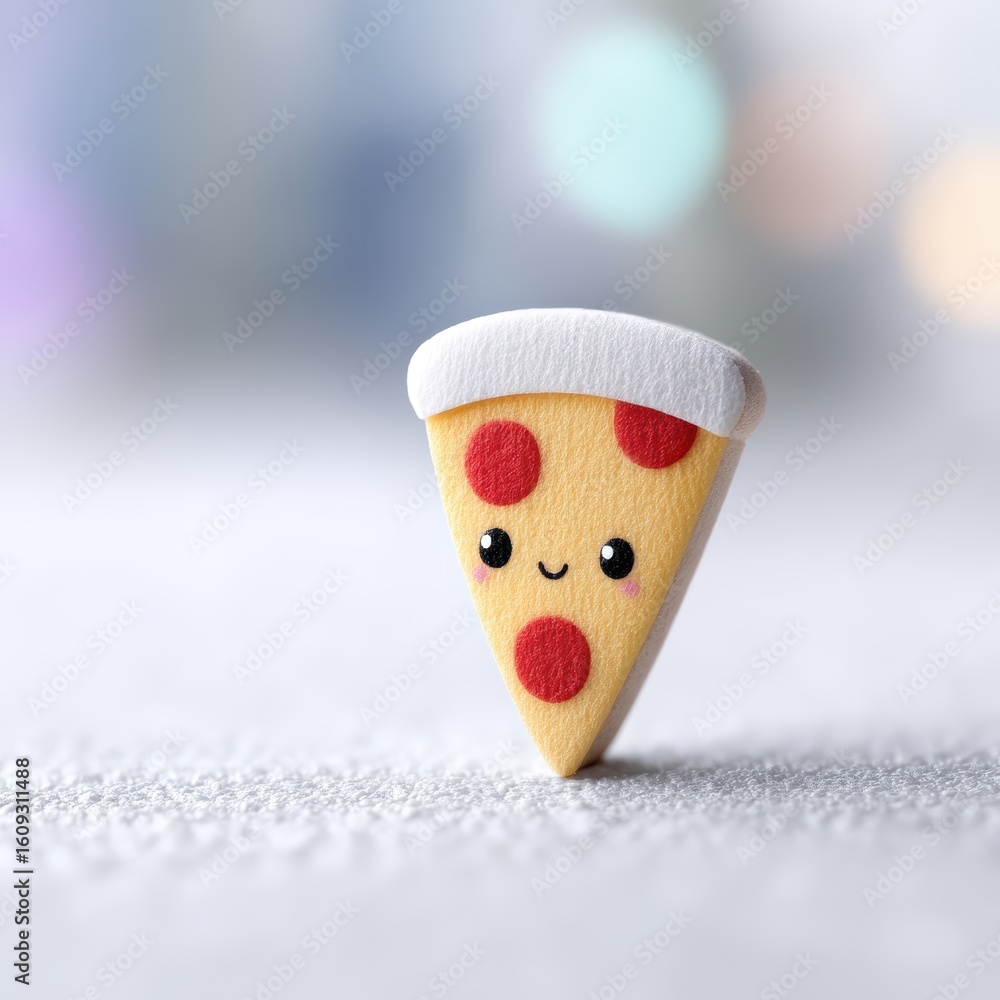 Poster cute cartoon slice of pizza with adorable face on soft background with colorful bokeh lights