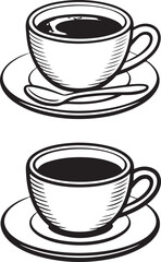 Obraz premium Black and white coffee cups with saucers and spoons drink