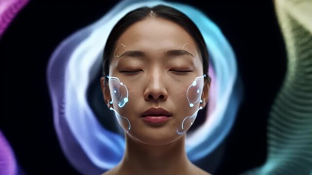 Asian woman with closed eyes, skin analysis via augmented reality with colorful backdrop