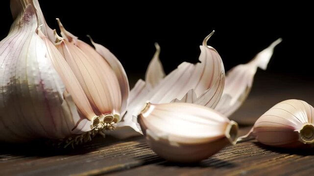 A close-up of fresh garlic cloves on a rustic wooden table, showcasing their natural texture and colors.