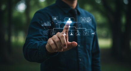 Man Interacting with Digital Interface for Team Management and Data Analytics