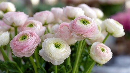 Soft blush pink white ranunculus flowers in full bloom
