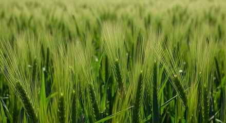 Obraz premium Lush green wheat field swaying gently in the breeze under bright sunlight for organic agriculture