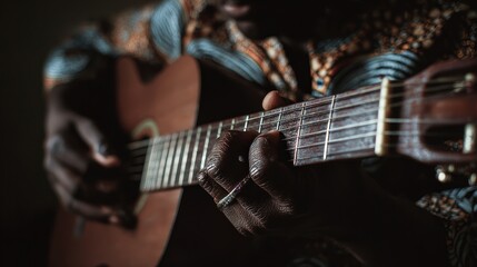 Obraz premium A soulful musician plays a classic acoustic guitar, fingers dancing across the strings, creating a beautiful melody.