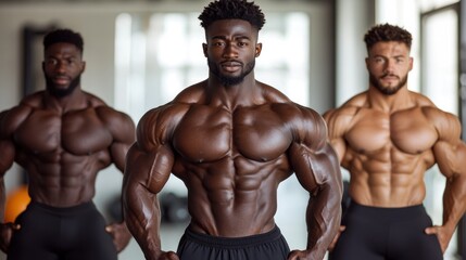 Fototapeta premium Three muscular men, showcasing defined physiques in a gym setting