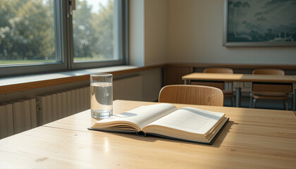Fototapeta premium Open book and glass of water on wooden desk in peaceful room with natural light, quiet study or reading space near window with minimal and focused atmosphere 