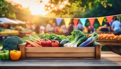 crate of fresh vegetables on wooden table at vibrant farmers market with colorful banner