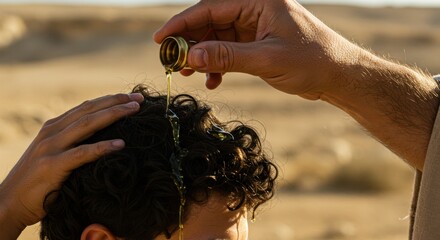 Man receiving anointing with oil from a metal container. Biblical religious ritual in desert for holy sacrament.