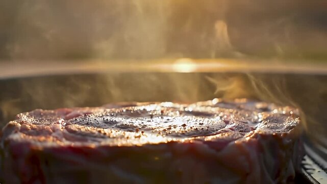 Grilled steak sears on a grill with wisps of steam set against a blurred sunset backdrop