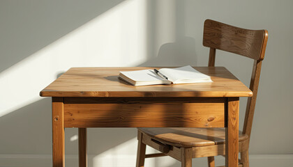 Open notebook and pen on vintage wooden desk with chair in soft sunlight, peaceful minimalist interior for writing, reflection, or quiet study time
