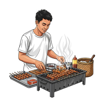 man grilling satay skewers on barbecue clip art preview