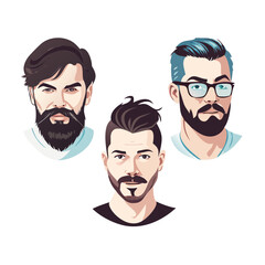 The collection includes illustrations of handsome men with modern hairstyles and beards, as well as hipster icons and mustachioed portraits