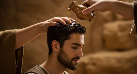 Prophet Samuel anoints King David. Man's head is being anointed with oil from a jug. Old Testament biblical story of kingship. Jewish desert ritual.