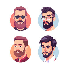 The collection includes illustrations of handsome men with modern hairstyles and beards, as well as hipster icons and mustachioed portraits