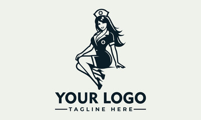 Stylish pin-up nurse logo design, elegant pose, dark silhouette, healthcare branding.