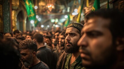Obraz premium A sea of faces in a sacred space, a moment of solemn reflection during a religious gathering.