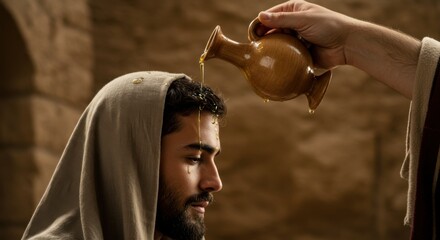 A man receiving anointing with oil from a pitcher, symbolizing a biblical ritual of consecration or blessing.