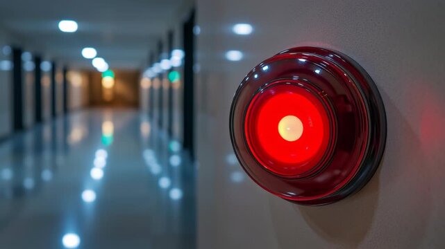 Close-up of glowing red alarm system on wall in modern corridor, useful for security promos, warning UI elements, and emergency simulation videos, 4K, motion.