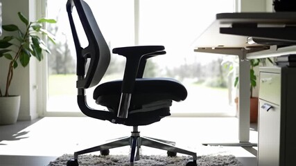 Sleek office chair with adjustable features near standing desk by a window