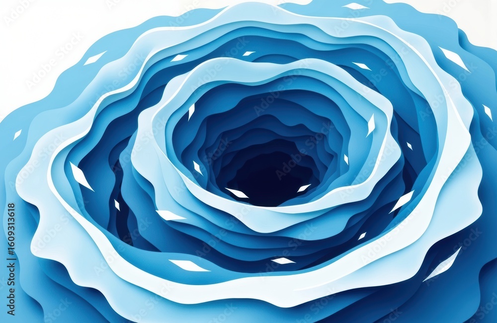 Poster vortex of layered paper in shades of blue creating a deep tunnel effect