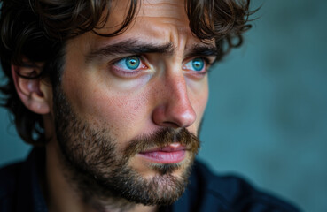 Close-up of a man with intense blue eyes and dark curly hair looking thoughtfully into the distance
