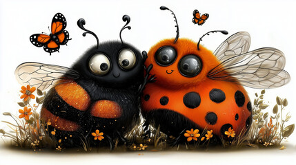 Cute cartoon bumblebee and ladybug friends with butterflies 