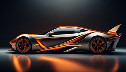 a side view of a sleek modern supercar with sharp lines and orange accents showcasing its aerodynamic design and luxury appeal
