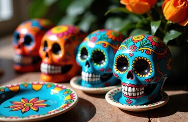 Fototapeta premium Colorful decorated skulls with floral patterns on plates and flowers in background