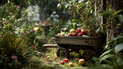 A wooden cart filled with fresh fruits and vegetables sits in a lush garden. Green plants and colorful flowers surround the scene, creating a vibrant atmosphere.