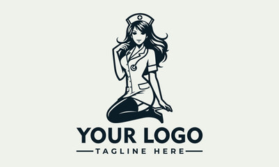 A stylized illustration of a female nurse kneeling with a friendly pose.