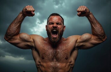 A muscular man with a beard flexes his biceps in a powerful pose against a stormy sky background