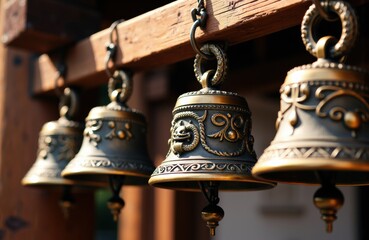 Obraz premium Four decorative bells hang from a wooden beam, showcasing intricate patterns and metallic textures against a blurred background