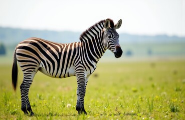 Fototapeta premium Woman standing in grassy field with a zebra in natural outdoor setting