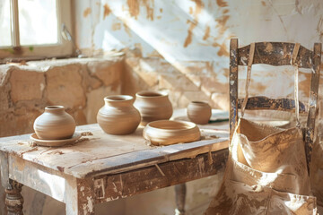 Pottery studio with clay pots, sculpting tools and painted apron on a chair. Idea Hobbies and crafts