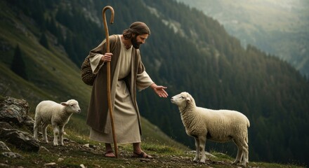 Jesus Christ as the good shepherd with lost sheep. Biblical representation of a parable. Christian imagery for teaching and religious concept.